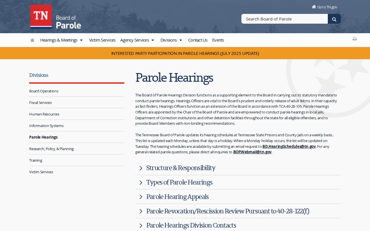 Henry County parole hearing schedule information from Tennessee Board of Parole